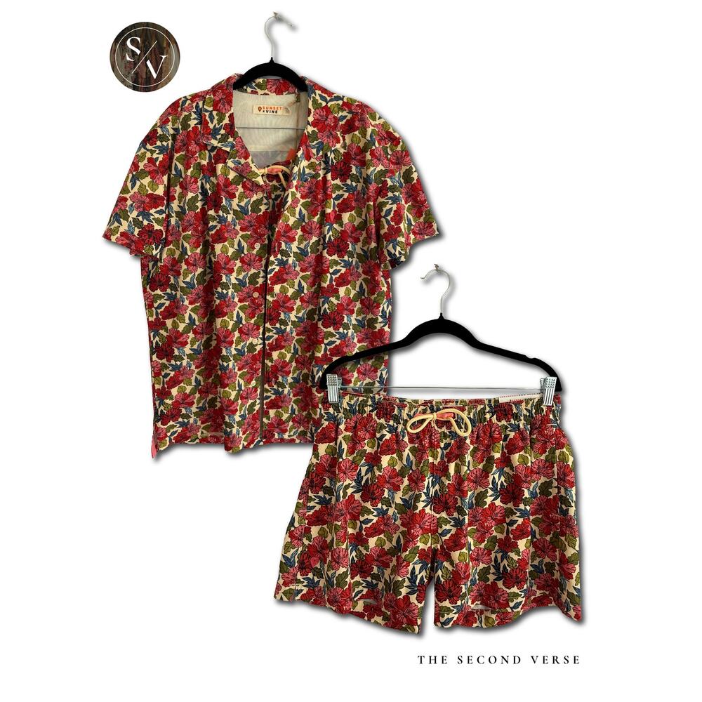 Sunset X Vine Mens Board Short Sleeve Buttondown & Shorts Set Floral Swim Beach